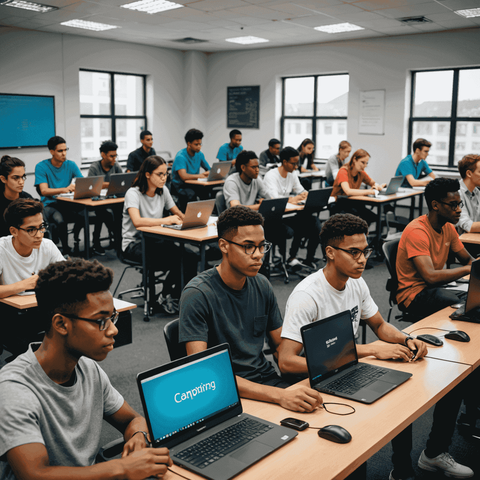 A group of diverse students sitting at computers in a modern classroom setting, engaged in coding exercises. The image showcases a vibrant and collaborative learning environment typical of cutting-edge coding bootcamps.