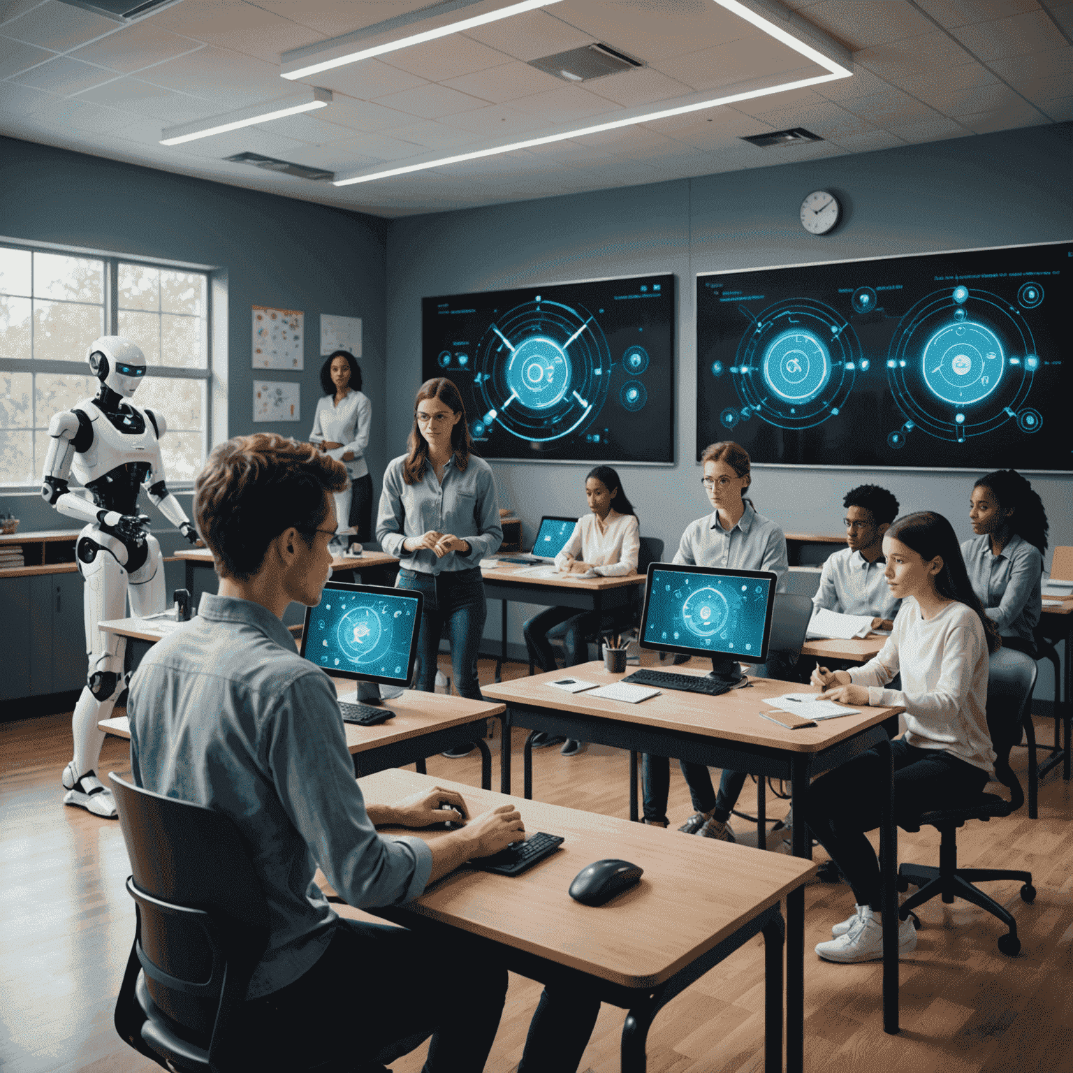 A futuristic classroom with students using AI-powered devices, holographic displays, and a robot assistant helping the teacher