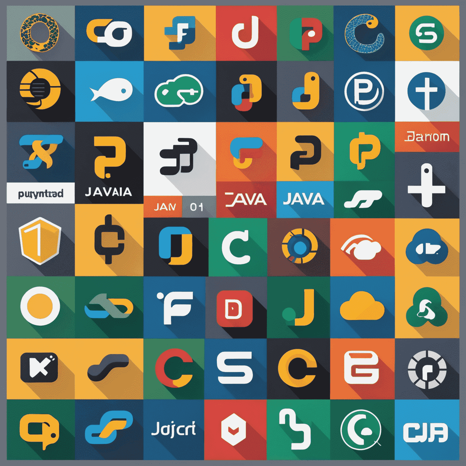 Collage of logos representing various popular programming languages including Python, JavaScript, Java, and C++