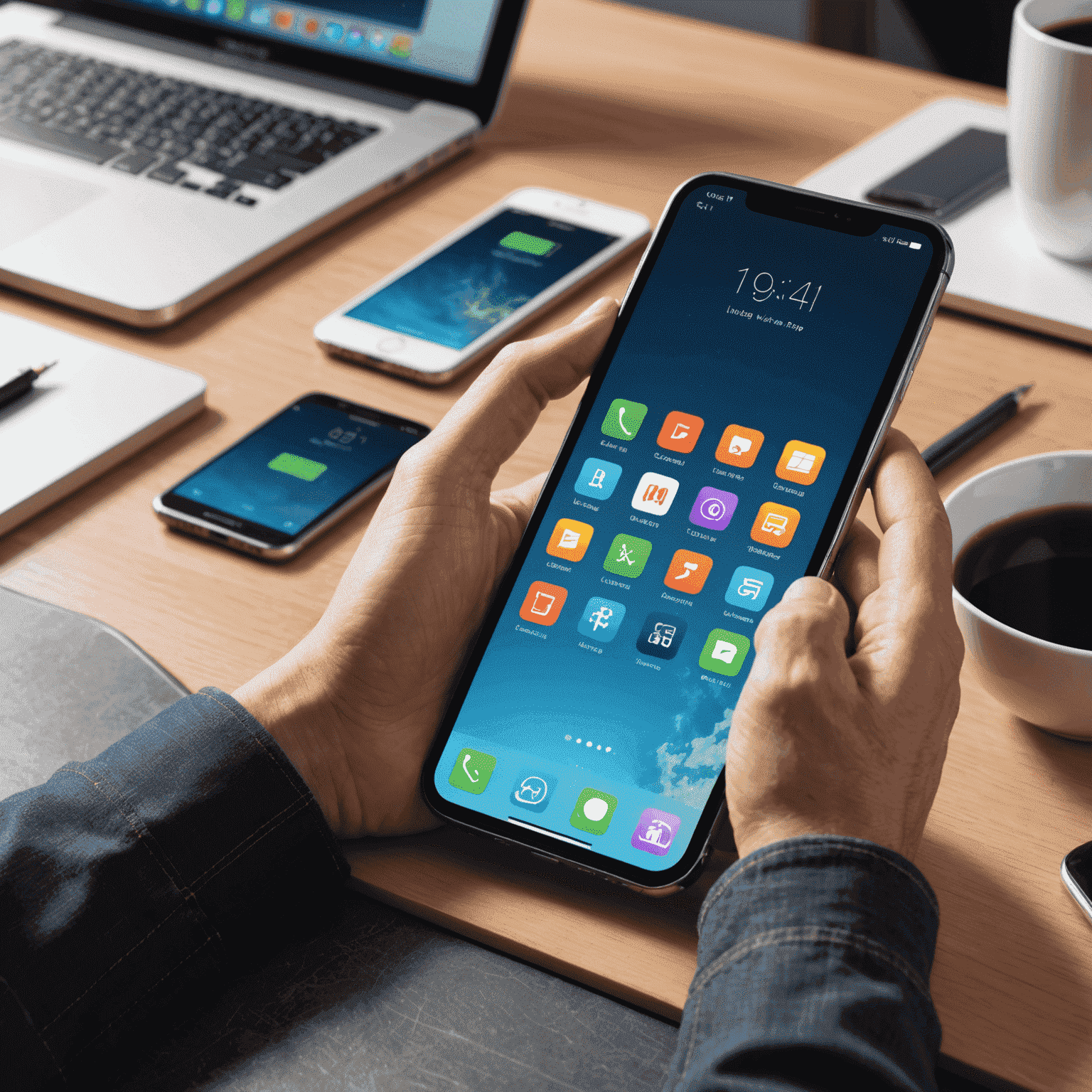 A developer working on mobile app interfaces for iOS and Android platforms. Multiple smartphones and tablets are visible, displaying various stages of app development.