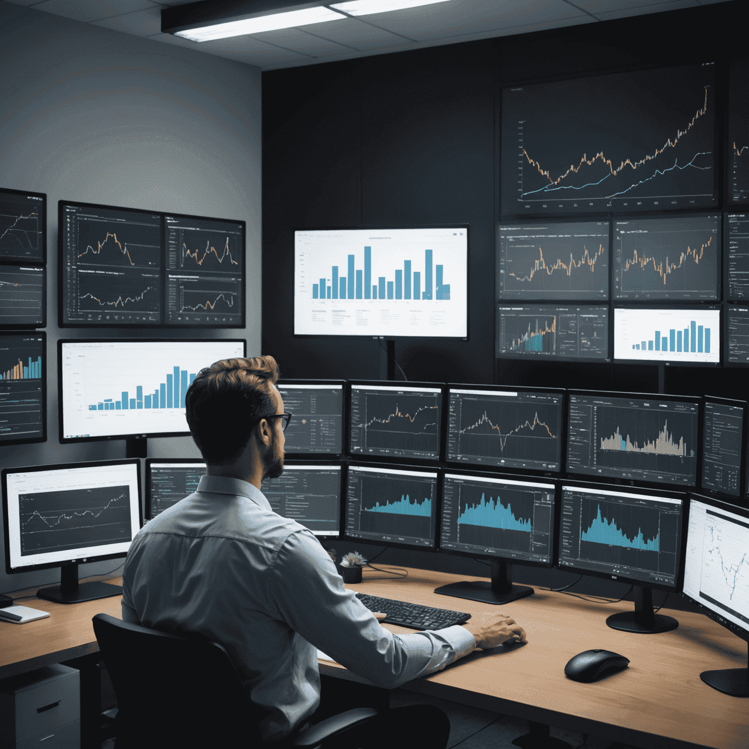 Data scientist analyzing graphs and charts on multiple screens, showcasing various data visualization techniques