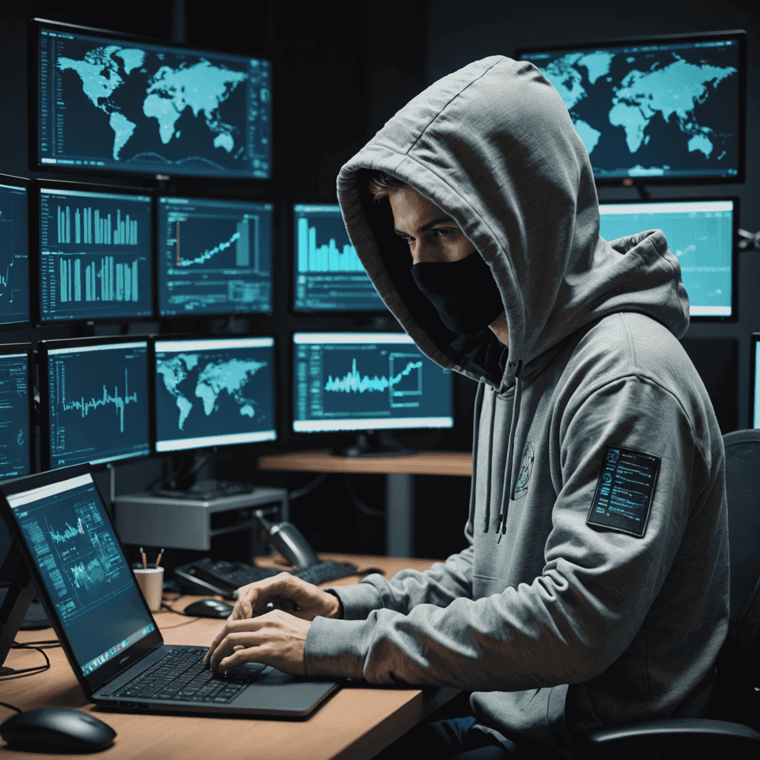 A hacker in a hoodie working on multiple computer screens, showcasing various cybersecurity tools and network diagrams