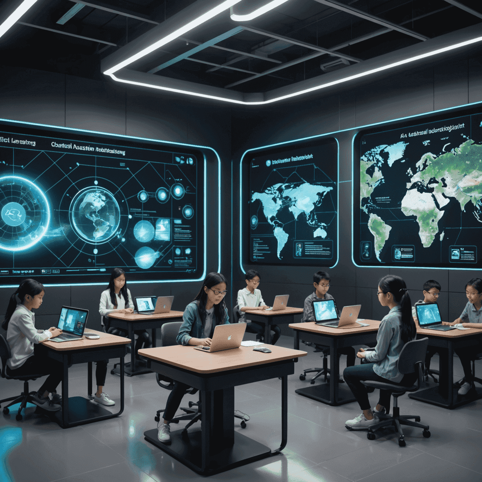A futuristic classroom where students interact with holographic displays and AI assistants. The image illustrates the integration of artificial intelligence in educational settings, showcasing personalized learning experiences.