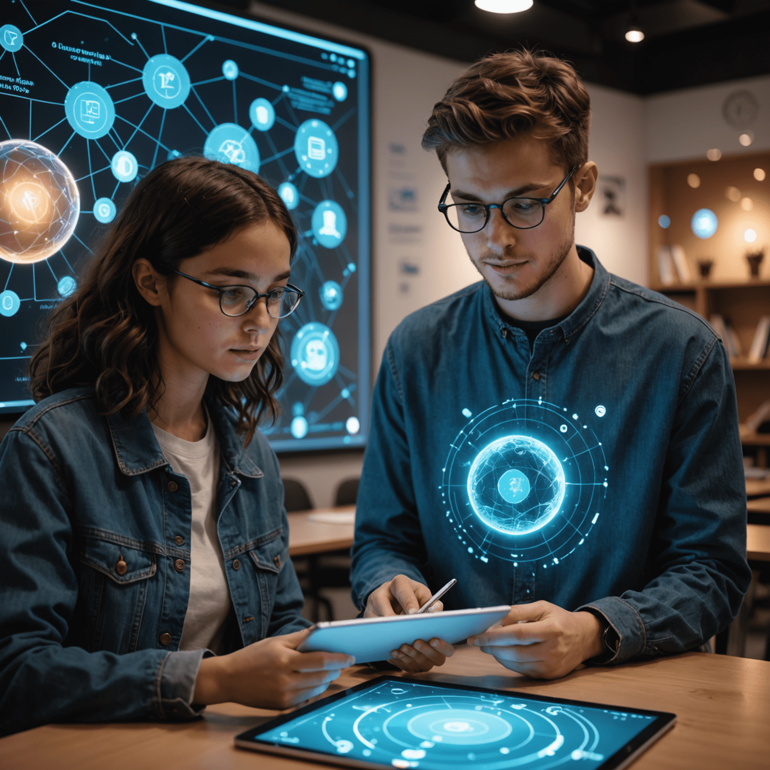A student interacting with an AI tutor on a tablet, with holographic projections of educational content surrounding them