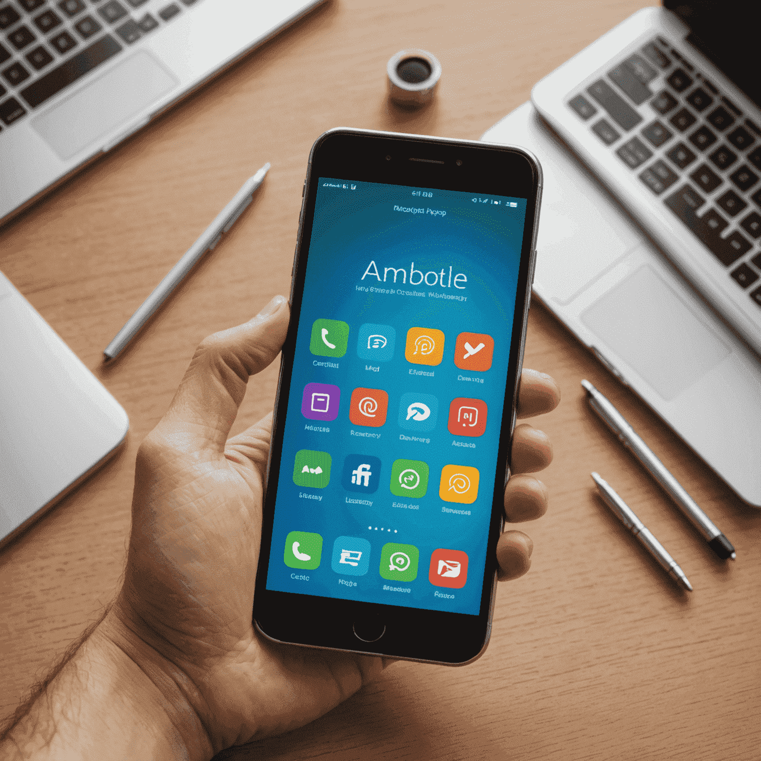 A smartphone displaying a mobile app interface with iOS and Android logos, representing mobile app development