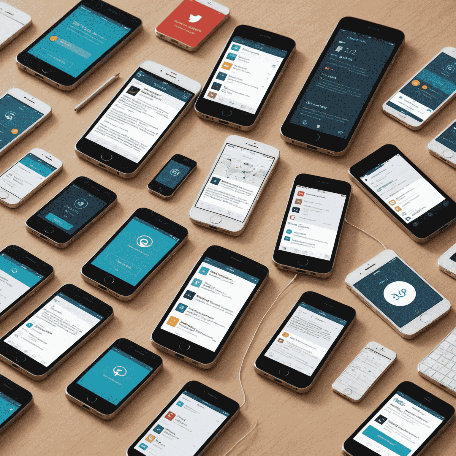 A collection of mobile devices showcasing various stages of app development, from wireframes to fully functional apps. The image highlights the process of building websites and apps for different platforms.