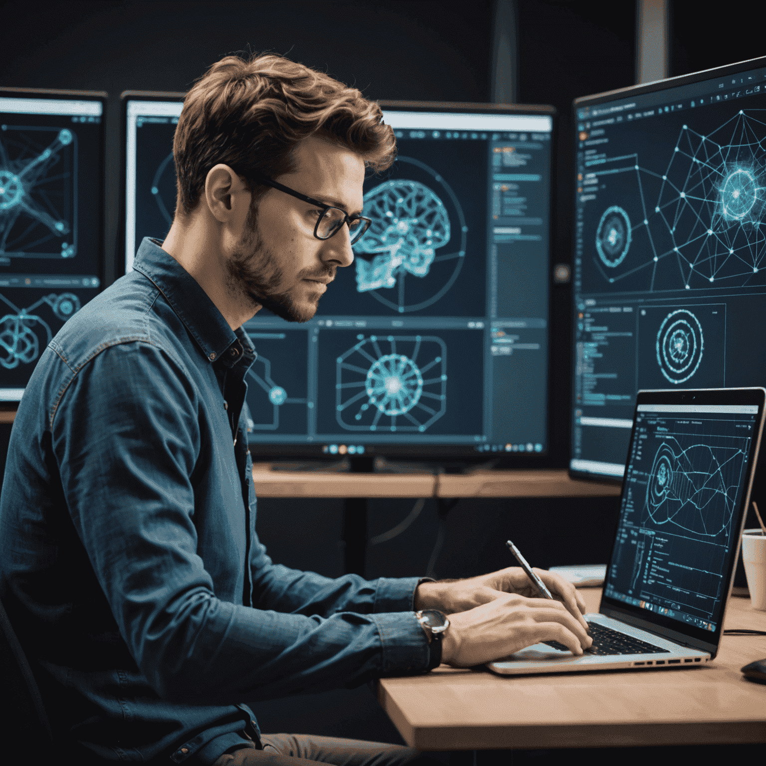 A developer working on a laptop with machine learning algorithms and neural network diagrams visible on the screen