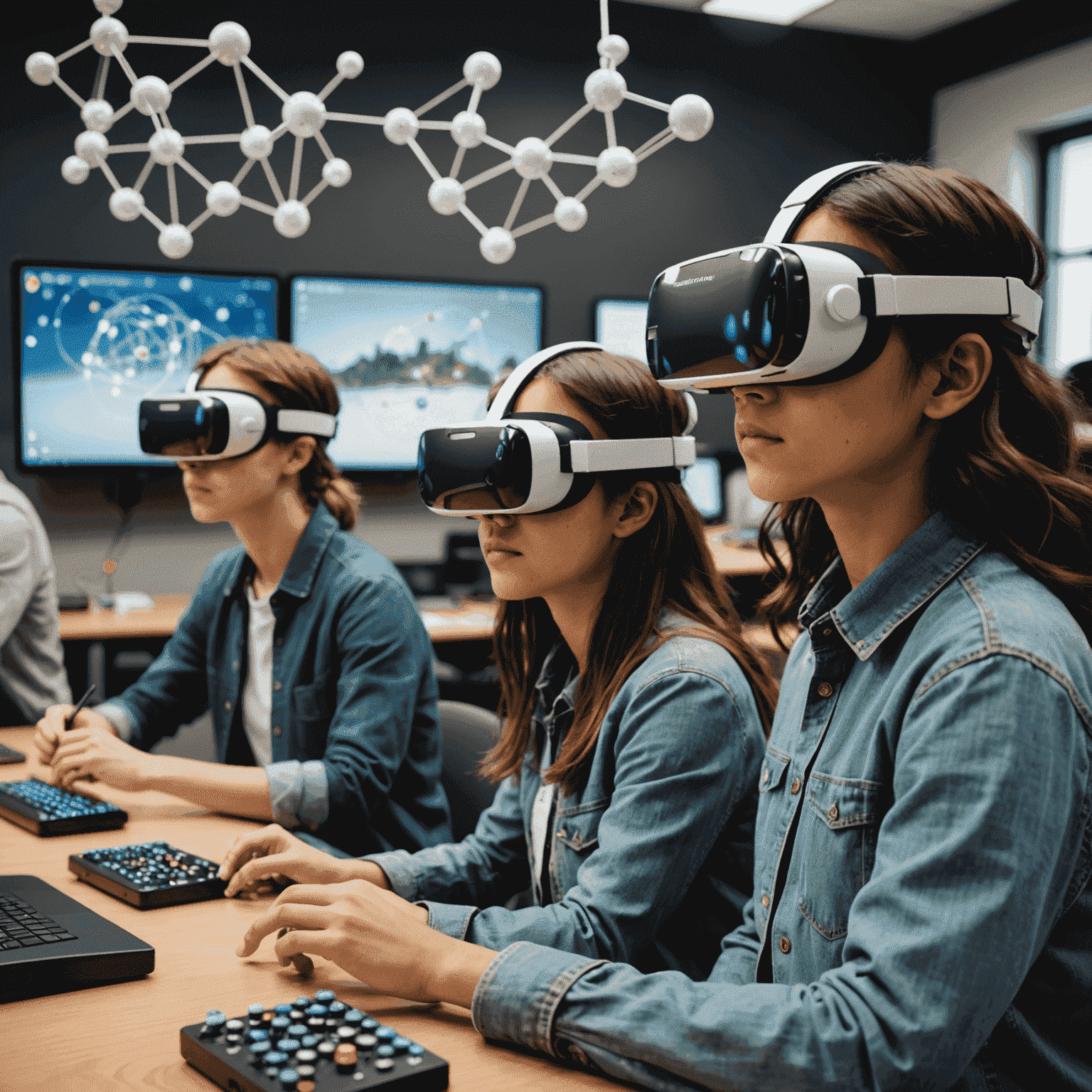 Students wearing VR headsets, interacting with 3D models of molecules and historical events in a virtual classroom