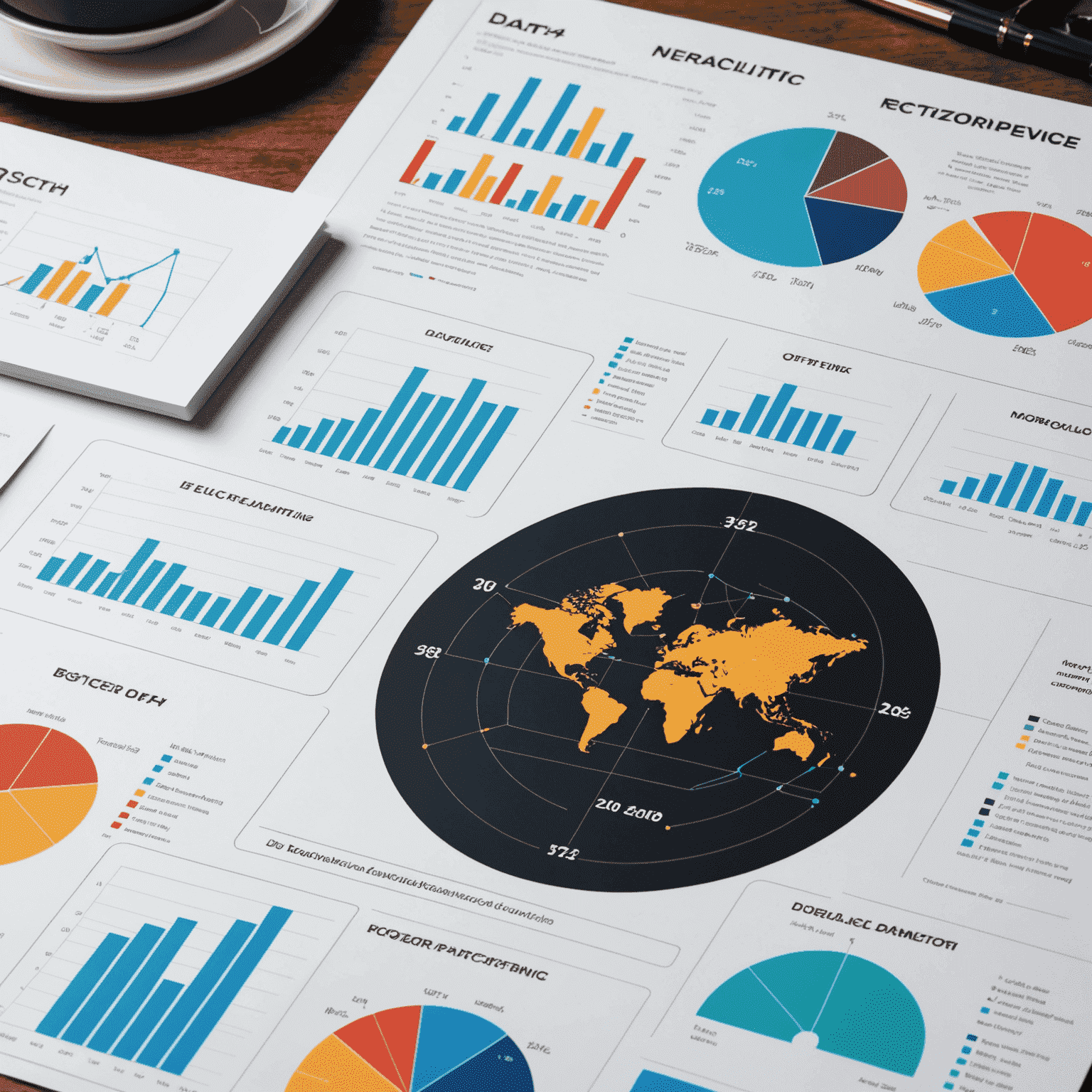 A collage of data visualizations, charts, and graphs with a machine learning algorithm diagram, representing data science and analytics