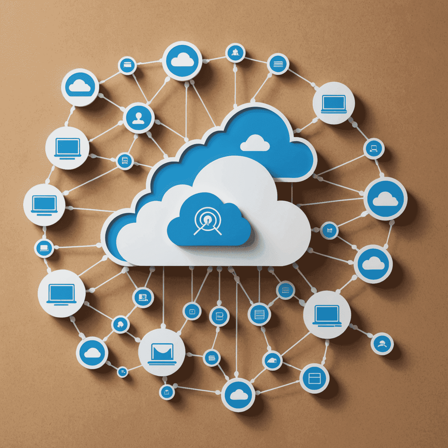 A network of interconnected cloud symbols with server icons, representing cloud computing infrastructure