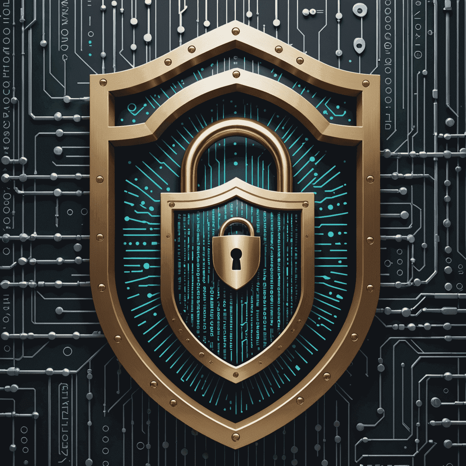 A digital lock surrounded by binary code and a shield icon, representing cybersecurity concepts